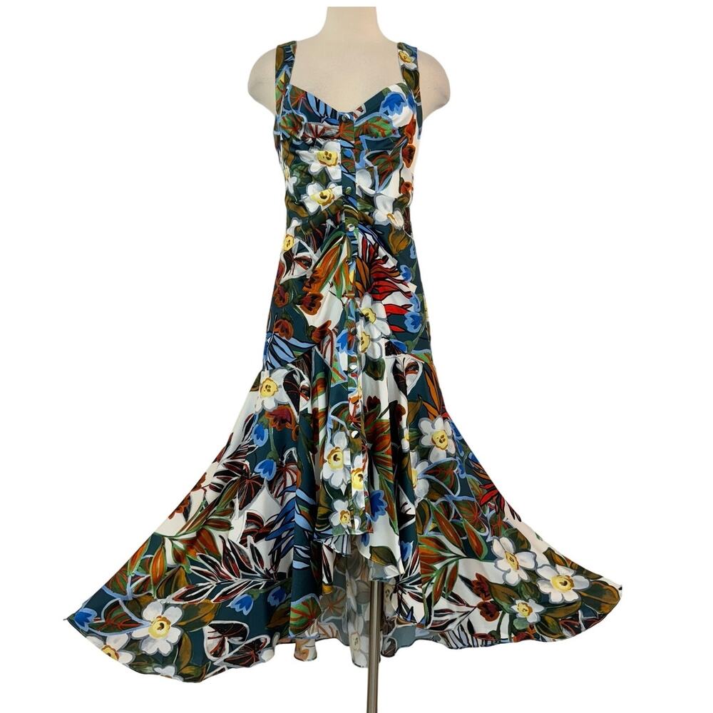 Badgley Mischka Tropical-Print High-Low Dress Blue Floral Gown Size 8 NWT